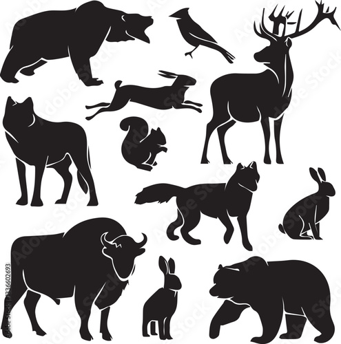 Wildlife animals vector set in natural habitat lion, tiger, elephant, zebra, giraffe, deer, bear, wolf, fox, monkey, leopard, eagle, owl, rhino, nature, safari, jungle, forest, exotic vector design 