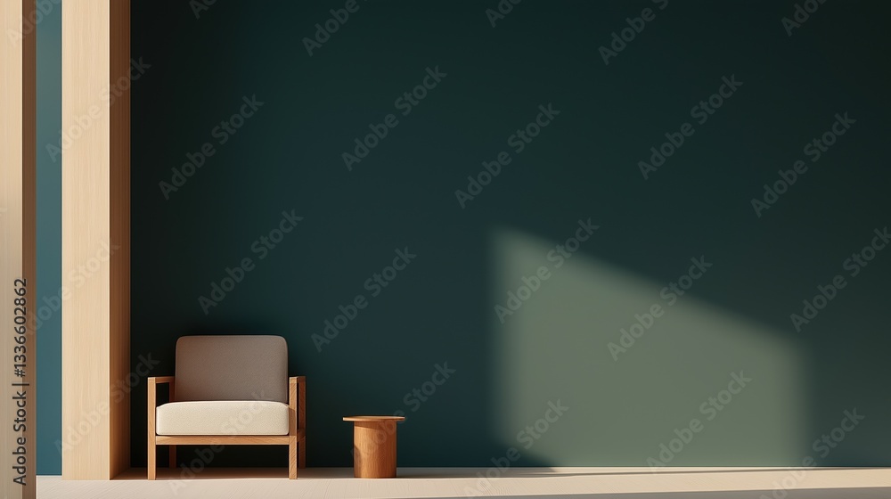Corner of a room with a dark green wall and a wooden floor. on the left side of the image, there is a beige armchair with a wooden frame and armrests. Corner of a room with a dark green wall and a wooden floor. on the left side of the image, there is a beige armchair with a wooden frame and armrests.