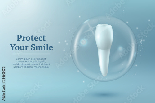 Protect Your Smile. Vector 3D Realistic Tooth in a Protective Bubble Isolated on a Blue Background. Design Template, Clipart, Mockup. Dentistry, Healthcare, Medical, Hygiene, Protection Concept