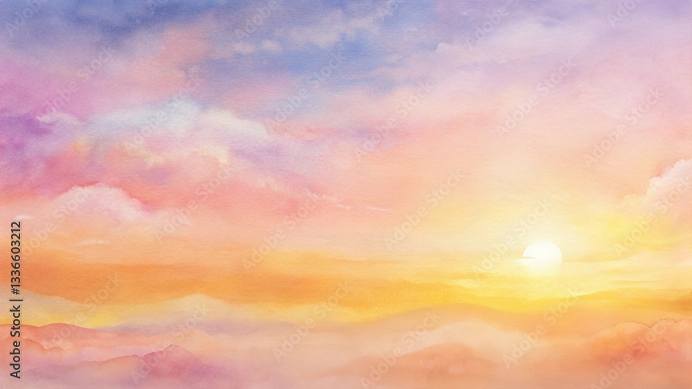 Obraz premium Pastel sunset watercolor background with soft splashes of pink, orange, and yellow. A serene blend of colors evokes the tranquil beauty of a sunrise over the horizon.