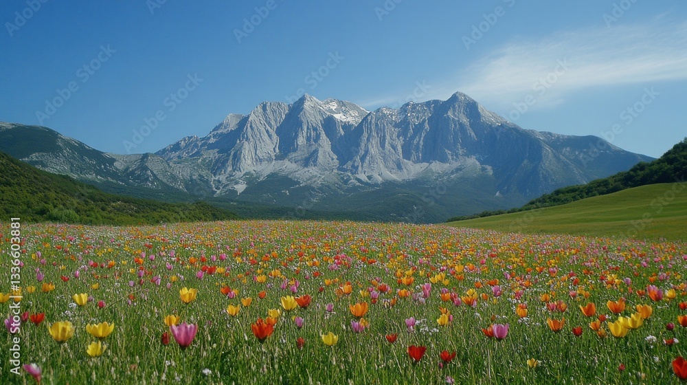Colorful wildflowers in a meadow, mountains in the background, vibrant spring landscape Colorful wildflowers in a meadow, mountains in the background, vibrant spring landscape