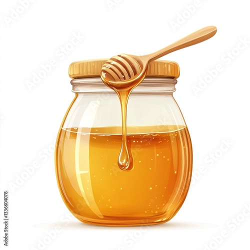 honey dripping isolated on white background,Honey in a glass vase flows down from a wooden spoon
