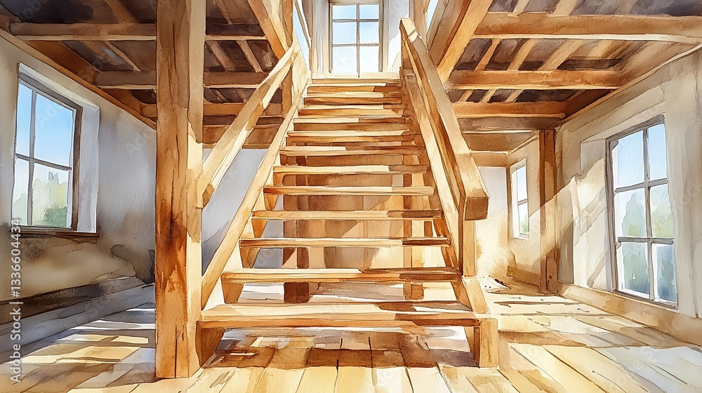 Fototapeta premium Sunlit Wooden Staircase in Rustic Building Interior