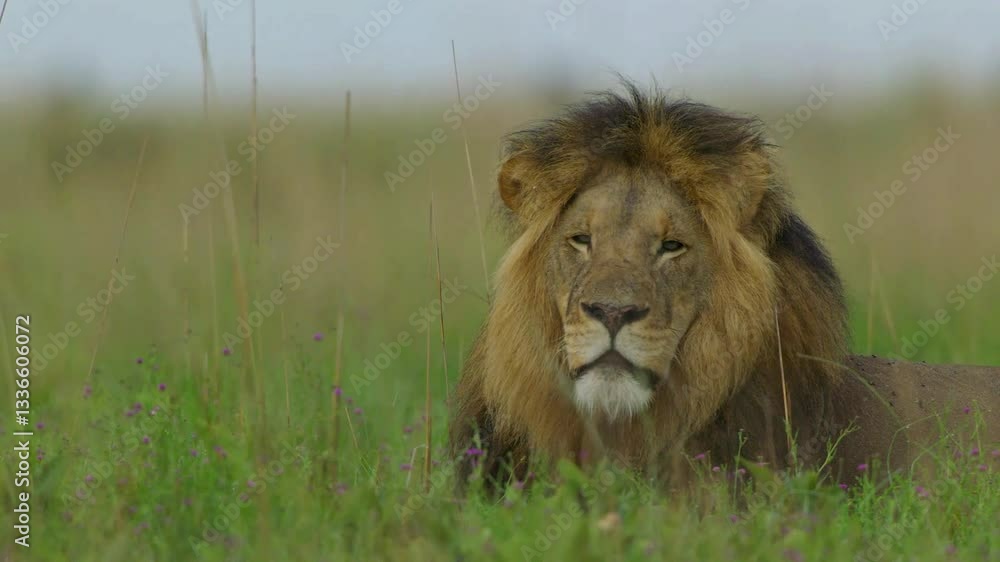 Portrait of a male lion rests in the grass, looking at the camera, showcasing its majestic mane and attentive expression. Portrait of a male lion rests in the grass, looking at the camera, showcasing its majestic mane and attentive expression.