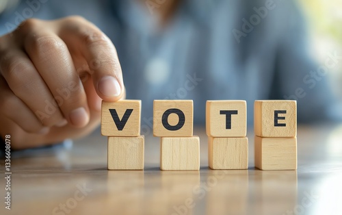 Hand pointing at wooden blocks spelling VOTE with a checkmark on a light background
