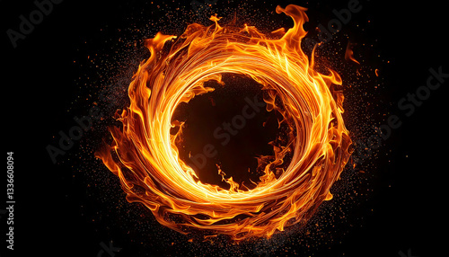 青い炎が渦巻く輪となり幻想的な光を放つデジタルアート。generative ai