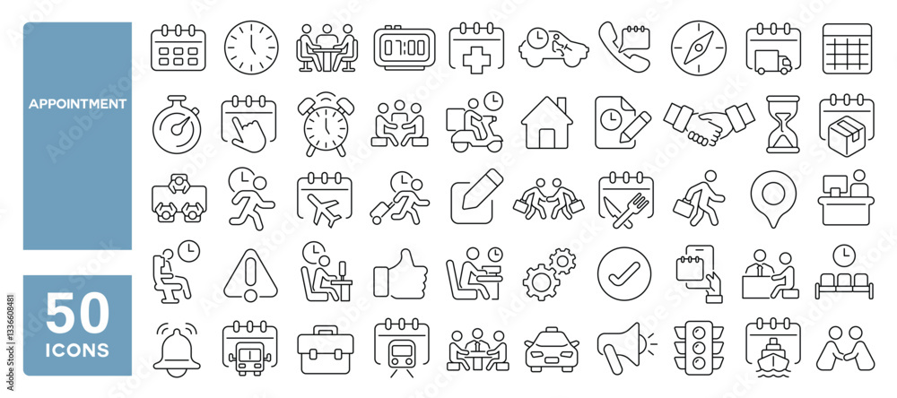 Set of 50 line icons related to appointment, time, calendar, event, meeting, agenda, business, address, alarm, timer, reminder, organizer, wait, Editable stroke. Vector illustration Set of 50 line icons related to appointment, time, calendar, event, meeting, agenda, business, address, alarm, timer, reminder, organizer, wait, Editable stroke. Vector illustration