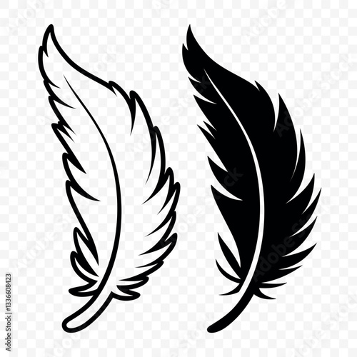 Vector Black and White Fluffy Feather Logo Icons. Silhouette Feather Set Closeup Isolated. Design Template of Flamingo, Angel, Bird Feather. Lightness and Freedom Concept