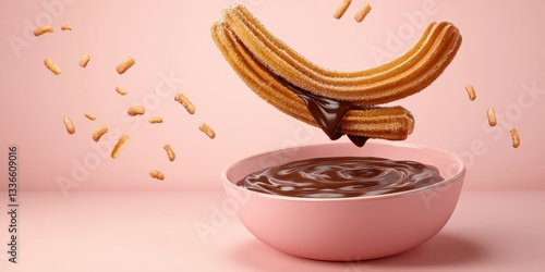 Flying churros and chocolate dipping sauce, on a soft pink background