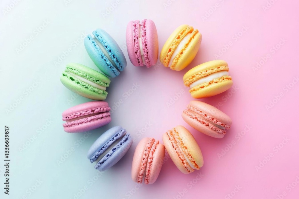 Fototapeta premium Whimsical Rainbow Macarons Circle, Pastel Gradient, Soft Focus