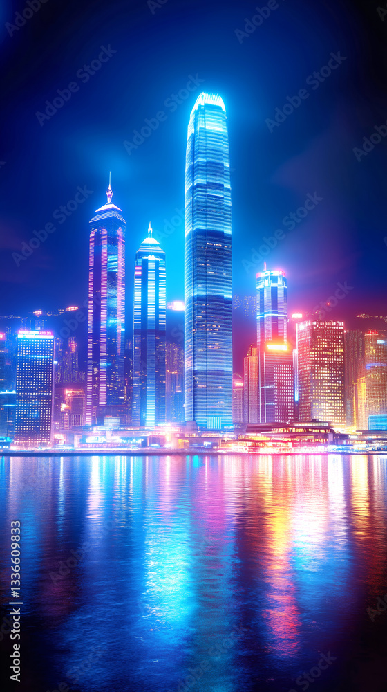 Fototapeta premium A vibrant city skyline showcases tall skyscrapers bathed in blue and colorful lights during the night. Their reflections shimmer on the water, creating a dazzling urban atmosphere