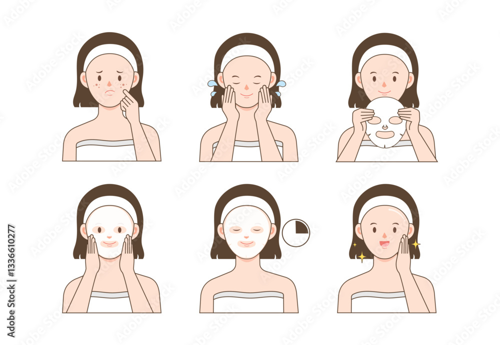 stock vector illustration skin care routine woman using face sheet mask with white background stock vector illustration skin care routine woman using face sheet mask with white background