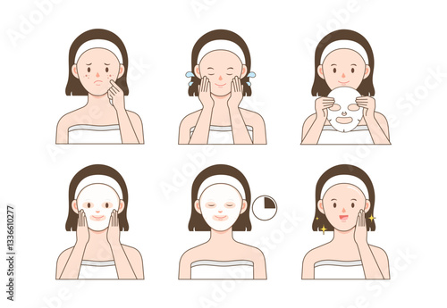 stock vector illustration skin care routine woman using face sheet mask with white background