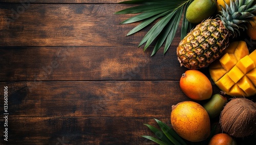 Tropical fruit assortment on rustic wooden surface. Ripe mangos, pineapples, and coconuts with vibrant colours. Fresh and healthy fruits displayed on a dark wooden background. 