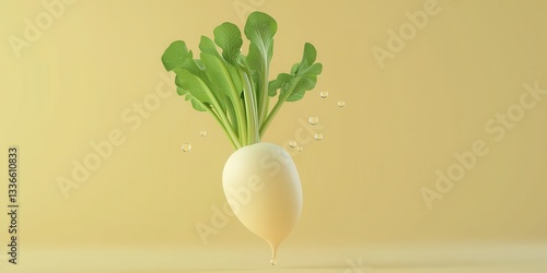 Flying daikon radish with water droplets, without splashes, on a pastel yellow background