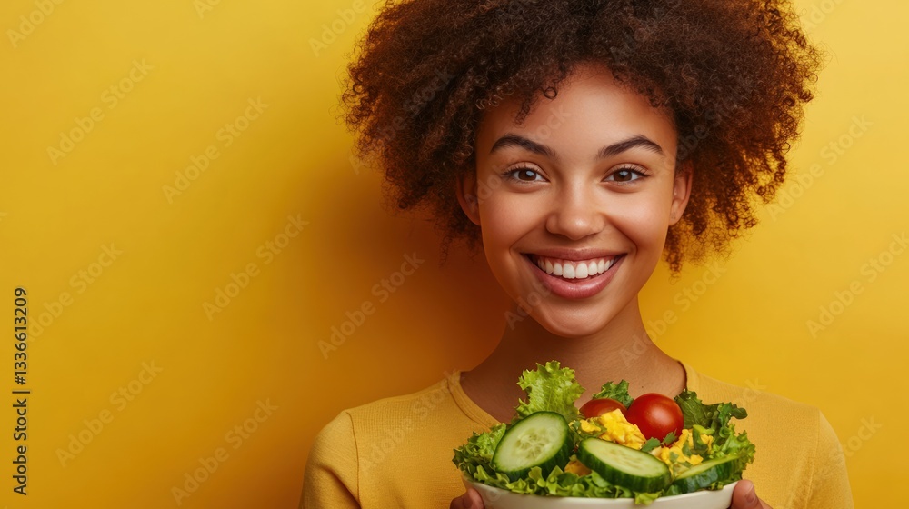 Happy woman holding a healthy salad bowl Happy woman holding a healthy salad bowl