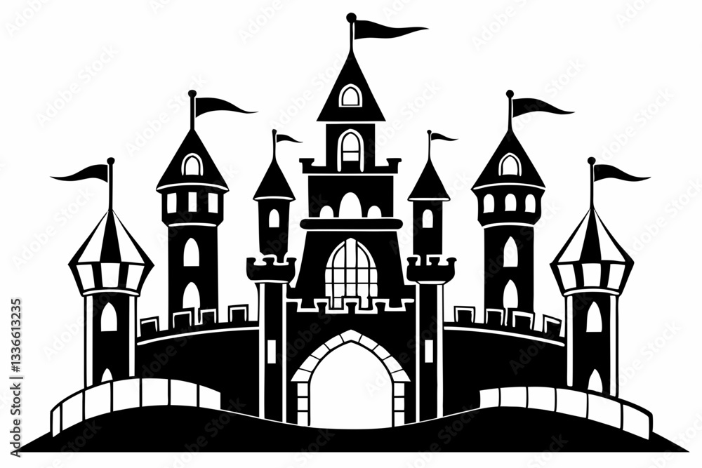 Fototapeta premium silhouette of a castle with tower and flags