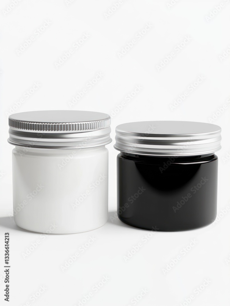 Two Jars of White and Black Cream with Silver Lids Two Jars of White and Black Cream with Silver Lids