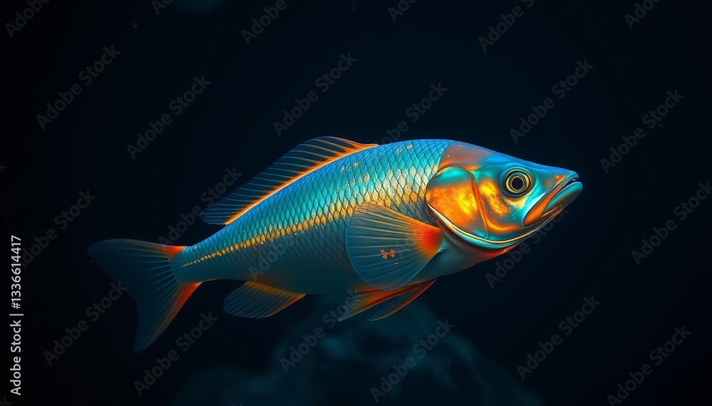 An iridescent fish with vibrant scales, swimming gracefully in dark water, showcasing its unique aquatic beauty. An iridescent fish with vibrant scales, swimming gracefully in dark water, showcasing its unique aquatic beauty.