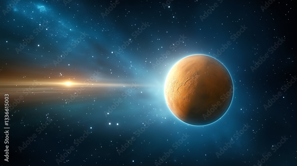 Naklejka premium A mesmerizing depiction of Mars showcasing its reddish surface and glowing atmosphere against a backdrop of distant stars. The scene captures the vastness of space and celestial beauty