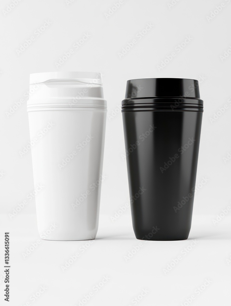 Two Protein Shakers in Black and White Minimal Studio Setup Two Protein Shakers in Black and White Minimal Studio Setup