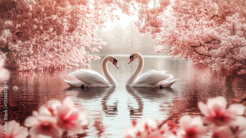 Fototapeta Naklejka Na Ścianę i Meble -  Romantic swans gliding in a heart shaped pond surrounded by cherry blossoms for a wedding theme