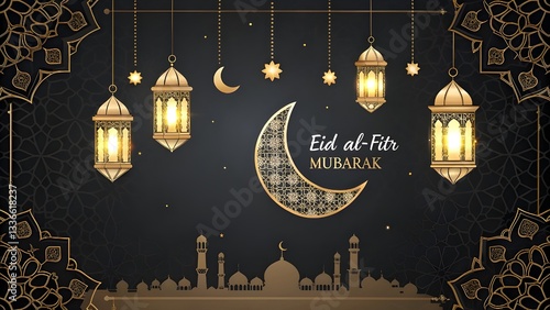 Eid al- Fitr  Mubarak Greeting Card with Golden Lanterns and Islamic Patterns Greeting Card with Golden Lanterns and Islamic Patterns 