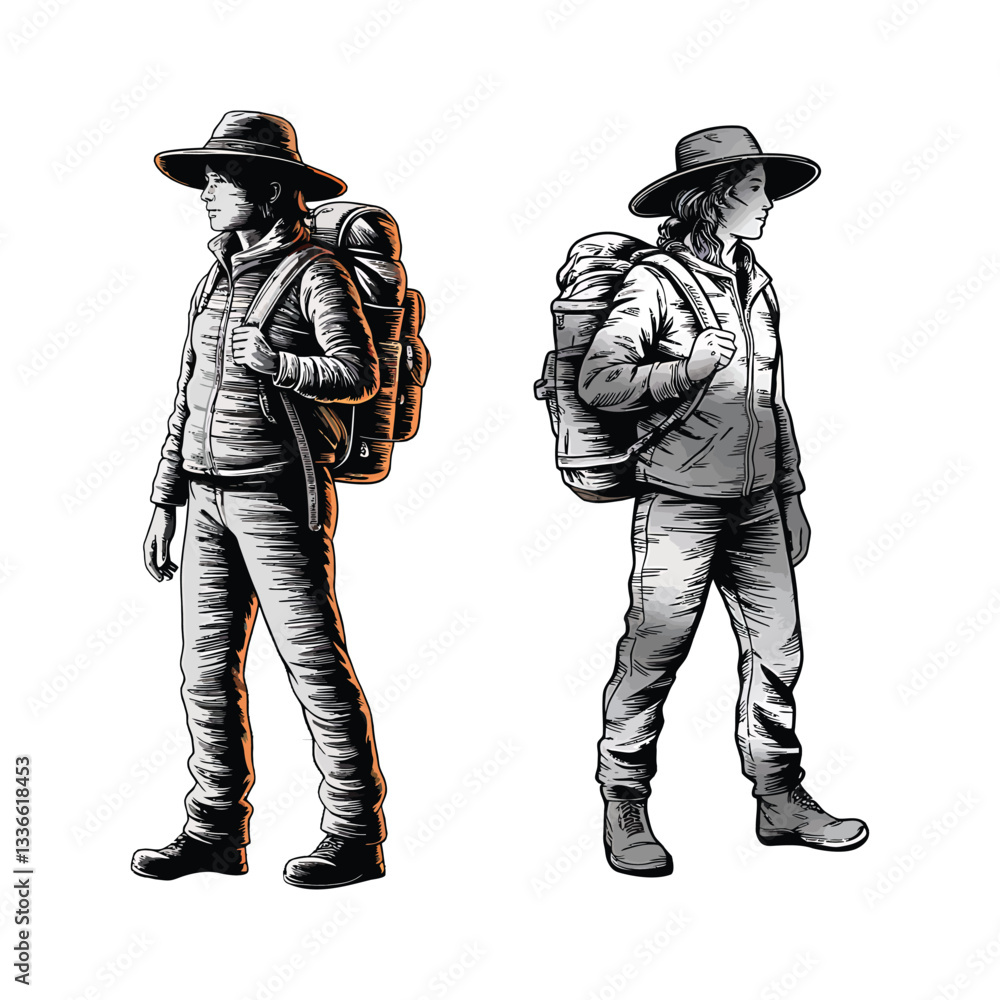Fototapeta premium Hiker Illustration with Backpack Outdoor Explorer Line Drawing for Nature Lovers