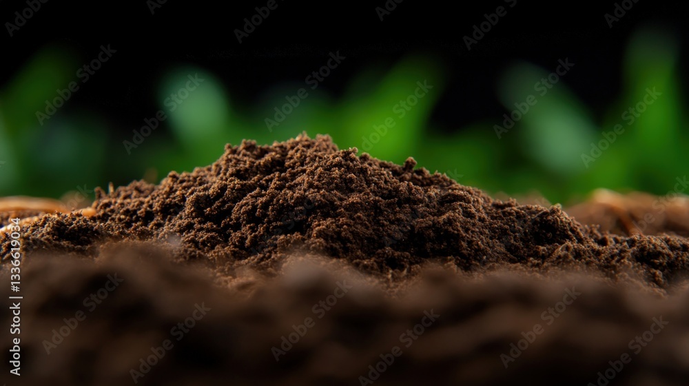 Rich, dark soil mound against blurred green background Rich, dark soil mound against blurred green background
