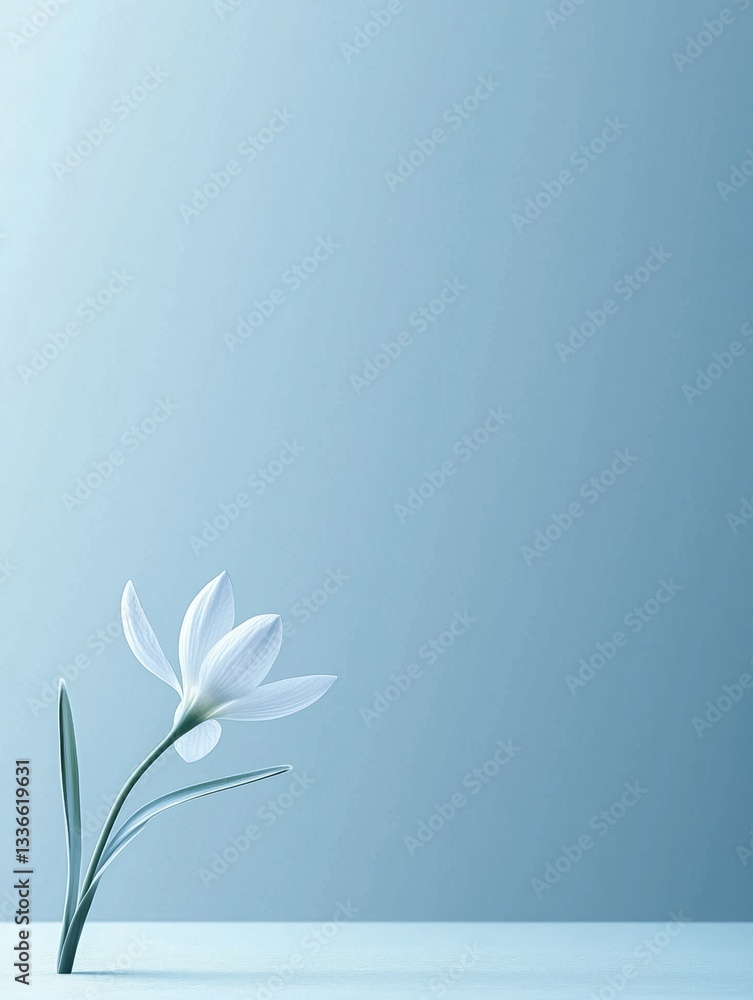 Naklejka premium Digital illustration of a single white flower with long, thin leaves. the flower is in the center of the image and is facing towards the right side of the frame.