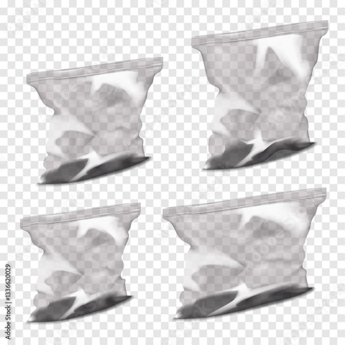 Clear black glossy plastic pouch with zip lock. Realistic 3d vector mockup set. Transparent empty zipper PVC package. Mock-up. Ziplock resealable gray vinyl poly bag. Template for design