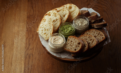 Obraz na płótnie Assorted artisan bread slices with three types of butter in glass jars on a rustic wooden table. A delicious selection of fresh bakery and butter for breakfast or snack. w salonie