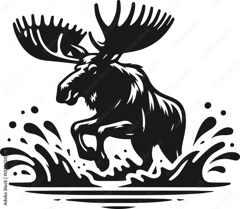 Fototapeta premium black and white moose aggressively through a river vector