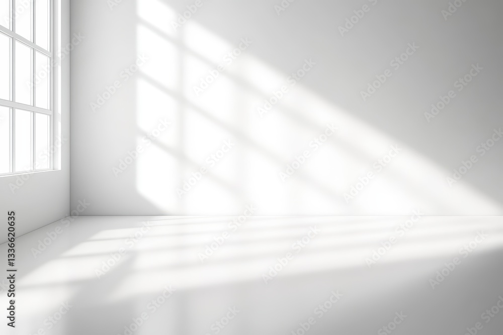 A bright, minimalist interior with sunlight casting shadows across a white wall and floor, creating a serene atmosphere. A bright, minimalist interior with sunlight casting shadows across a white wall and floor, creating a serene atmosphere.