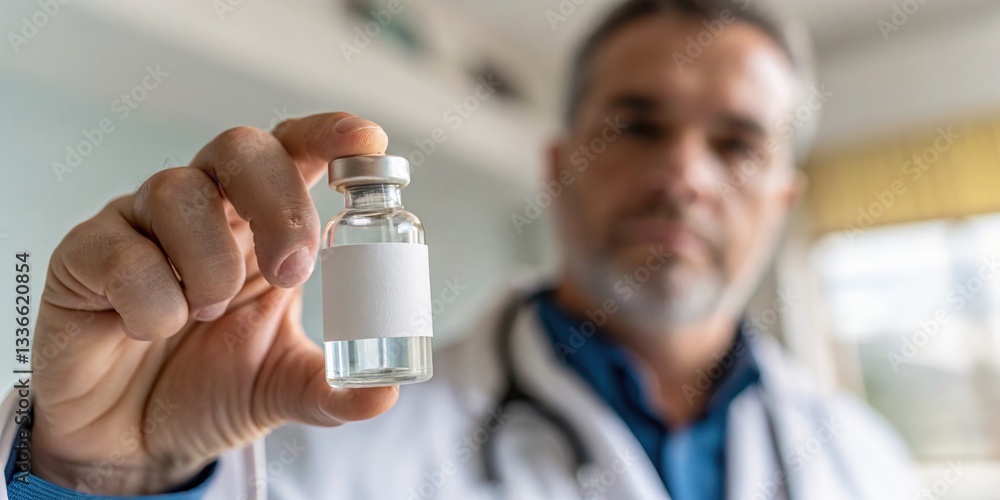 scientists holds medicine vial with blank label scientists holds medicine vial with blank label