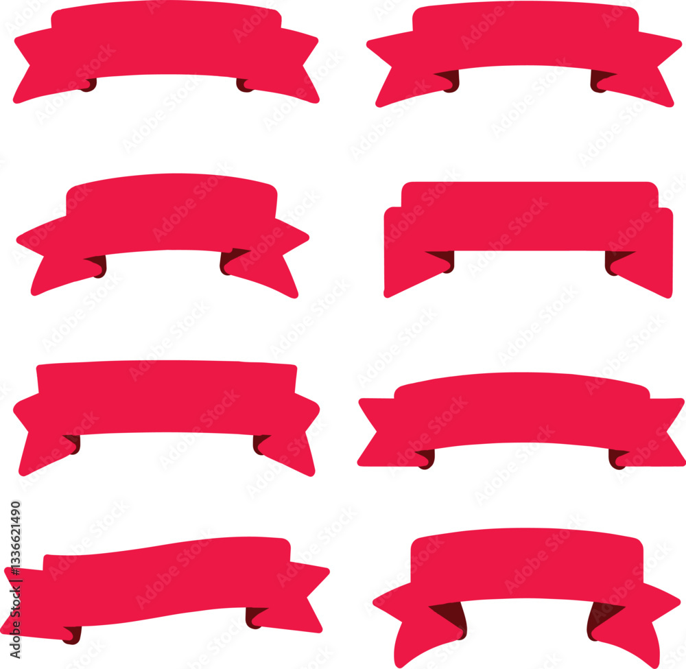 Flat ribbons. Banner tape collection premium red ribbons different shapes vector collection Flat ribbons. Banner tape collection premium red ribbons different shapes vector collection