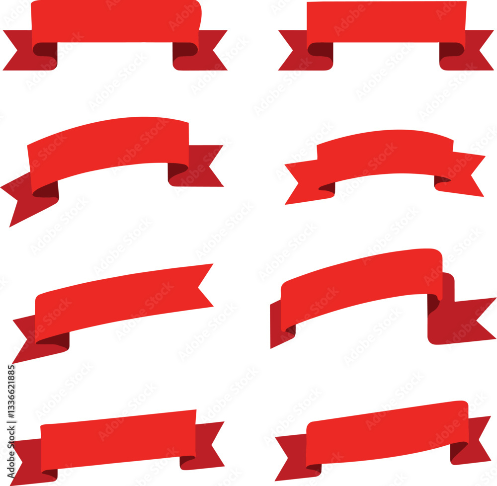 Flat ribbons. Banner tape collection premium red ribbons different shapes vector collection Flat ribbons. Banner tape collection premium red ribbons different shapes vector collection