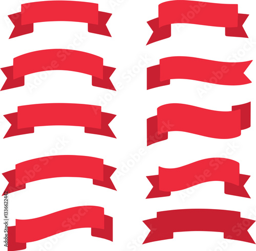 Flat ribbons. Banner tape collection premium red ribbons different shapes vector collection