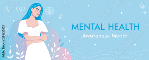 Women's mental health. Beautiful woman in therapy hugs herself and is in harmony, calm in heart and pure in thoughts. For health and psychology projects. Vector illustration for Mental Health Day