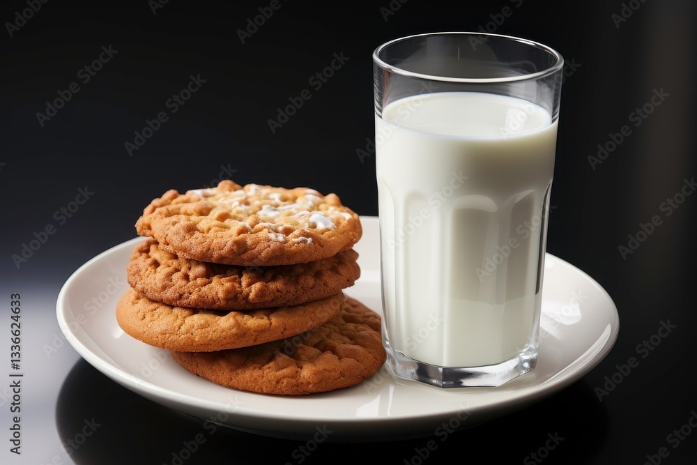 Delicious Chocolate Chip and Oatmeal Cookies Served with a Cold Glass of Milk on a Black Background for a Cozy Snack Experience Delicious Chocolate Chip and Oatmeal Cookies Served with a Cold Glass of Milk on a Black Background for a Cozy Snack Experience