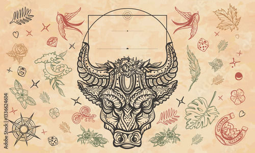 Bull head. Esoteric animal. Art background. Cover page template. Medieval manuscript style. Old paper vector