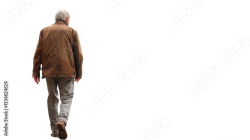 Elderly man walking away on transparent background