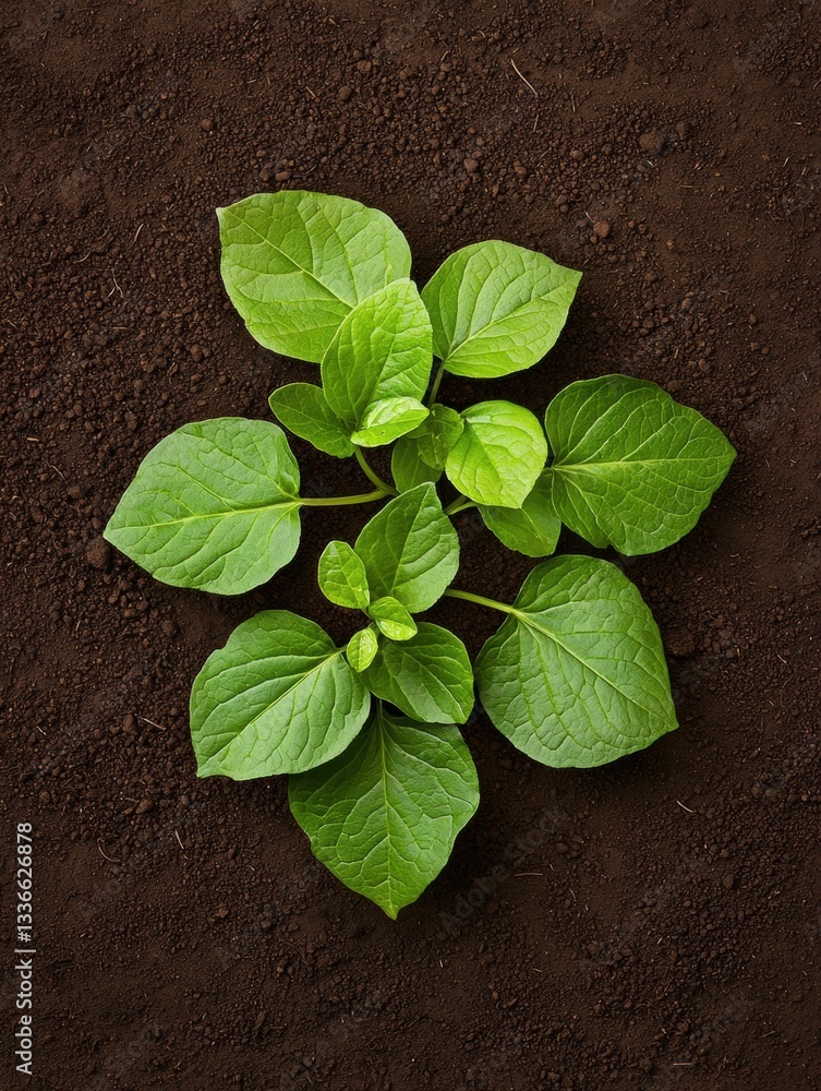 Naklejka premium Small plant with six green leaves growing out of the soil. the leaves are oval-shaped and have a glossy texture. the soil is dark brown and appears to be freshly dug up.