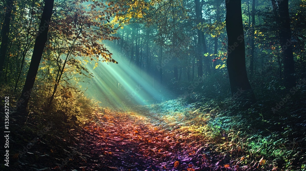 Obraz premium A tranquil forest scene captured during autumn, showcasing vibrant foliage with rays of sunlight penetrating through the trees. The forest path is adorned with colorful leaves, creating a mystical atm