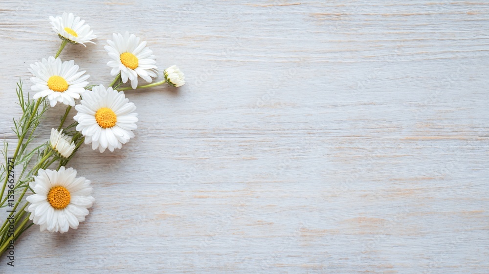 Obraz premium Fresh daisies on soft textured surface, delicate white flowers with yellow centers, perfect for spring themes or floral designs.