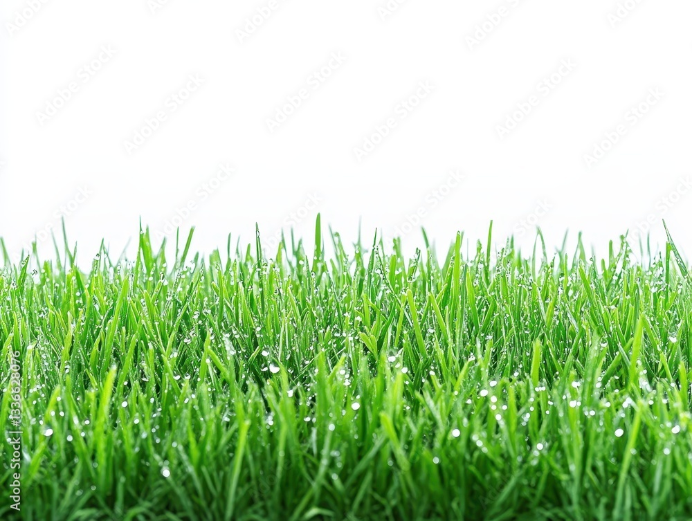 Obraz premium Lush green grass with dew drops glistening under soft sunlight in a serene setting