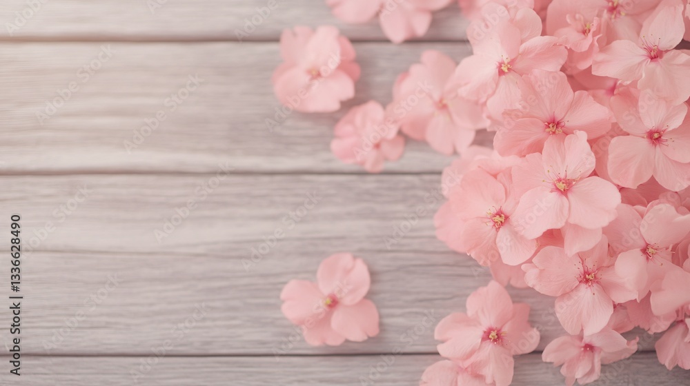 Fototapeta premium Delicate pink blossoms scattered on light wooden surface, perfect for spring themes, creative projects, or floral designs.