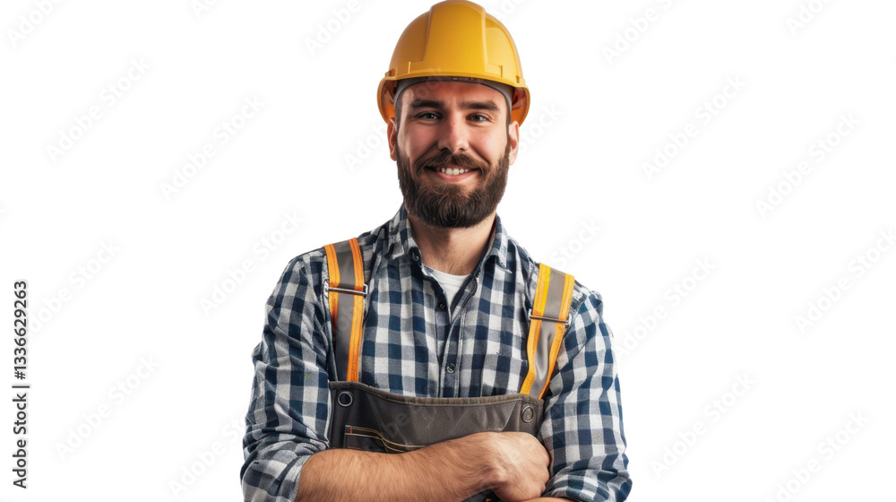 Smiling construction worker with arms crossed on transparent background Smiling construction worker with arms crossed on transparent background