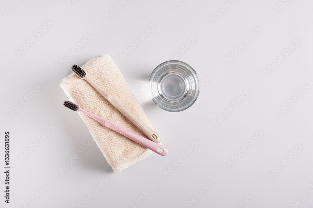 Two toothbrushes on a towel and a glass of water on a gray background, top view