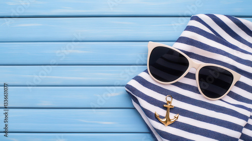 Nautical themed beach accessories with sunglasses and anchor charm photo